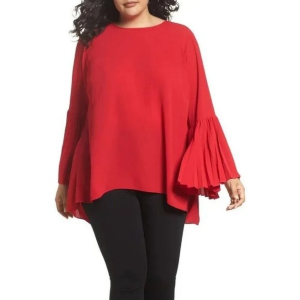Vince Camuto 2X Red Pleated Bell Sleeve High Low Top